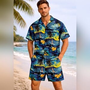 Men's Blue Tropical Print Swim Board Shorts with Yellow Accents #219
